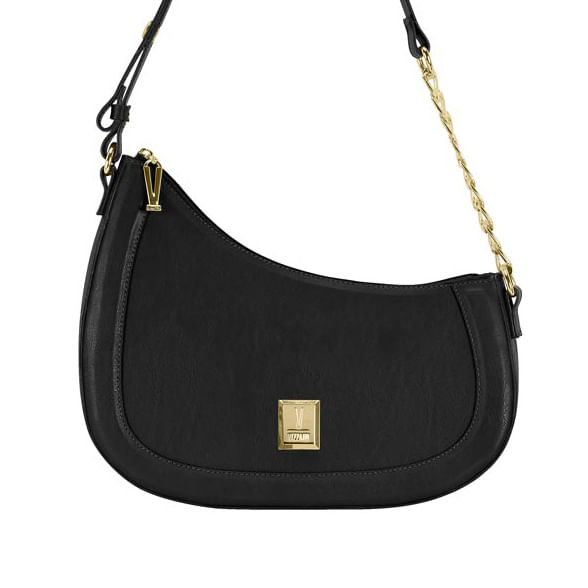 Bolsa tiracolo Vizzano curva preta vista lateral com zíper e alça ajustável